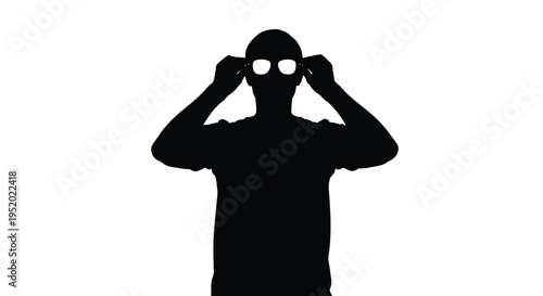 Black silhouette vector of a person putting on glasses, isolated on a clean white background, ideal for concepts of vision, identity, or disguise.