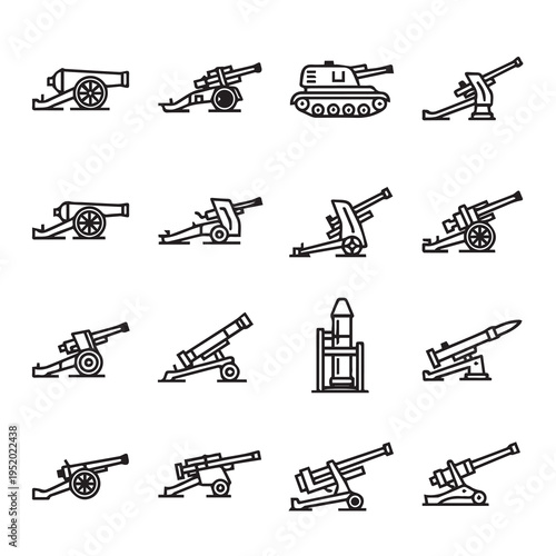 Collection of artillery and tank icons simple line art isolated on white background