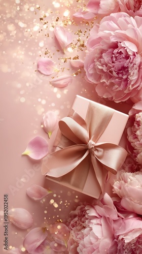 Beautiful peony bouquet with luxury gift box, soft light and petals, ideal for spring sales, greetings, and advertising banners