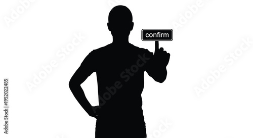 Black silhouette of a person pointing with their index finger at a rectangular "confirm" button, isolated on a clean white background, ideal for web design and user interface concepts.