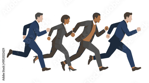 Businessmen in suits running in a corporate race with diverse group