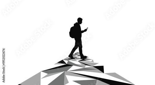 Black and white vector silhouette of a man with a backpack walking on a geometric mountain peak while looking at his smartphone, symbolizing exploration, achievement, and digital connection.