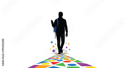 Silhouette of a man with a backpack walking on a colorful geometric path, symbolizing education, journey, and future opportunities vector illustration