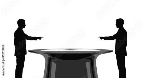 Two black silhouette business people pointing at a large black magician's top hat, symbolizing choice, decision, or a dilemma, on a clean white background vector illustration.