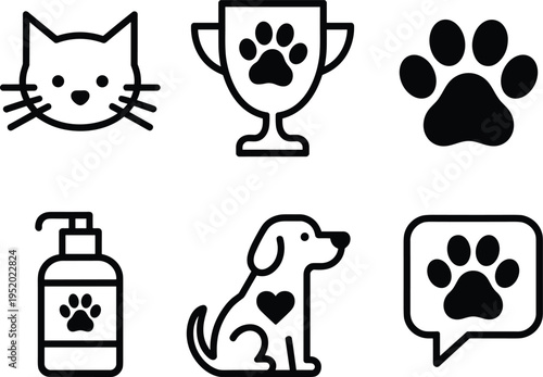 Pet care icon set with cat face, dog, paw print, trophy and grooming symbols, modern veterinary line icons - cad drawing flat vector illustration