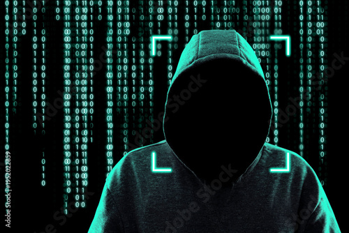 Cybercriminal in hood against binary code. Digital security