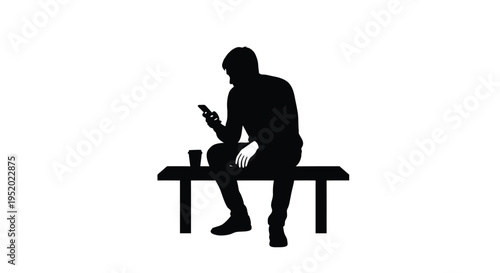 Black silhouette vector of a man sitting on a bench, looking at his smartphone, with a cup next to him, isolated on a white background, ideal for modern digital communication and leisure