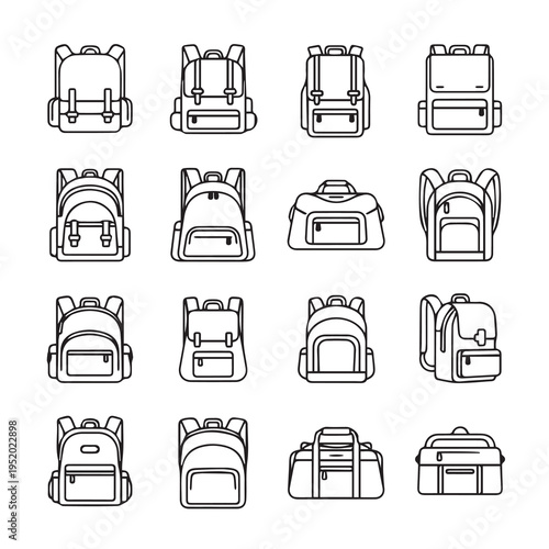 Collection of Backpack and Duffle Bag Outline Icons Various Styles and Sizes Isolated on White