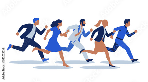 Business professionals in a competitive race running fast together in office attire on a white background