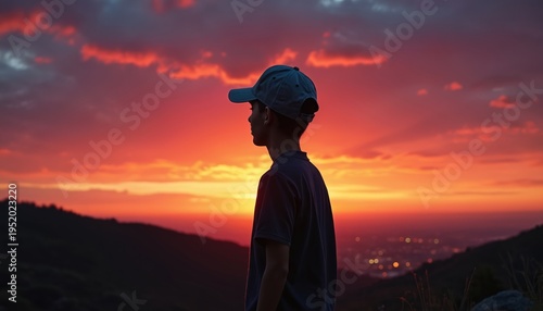 Young person wearing cap looks at vibrant sunset over hills. City lights twinkle in distant valley below. Colorful clouds paint sky with red orange hues.