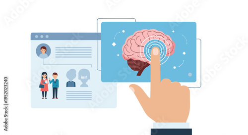 A human hand interacts with a digital brain illustration on a blue screen next to a web browser showing user profiles.
