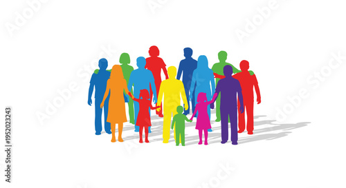 A diverse group of colorful human silhouettes, including adults and children, stands together on a white surface.