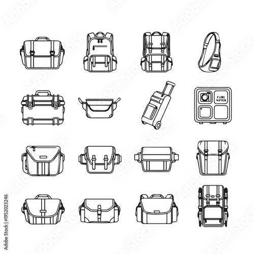 Collection of Backpacks Luggage and Bags in Outline Style