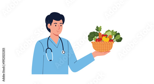 A smiling male doctor in blue scrubs is holding a woven basket filled with fresh vegetables and fruits on a white background.