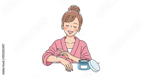 A smiling woman in a pink robe is applying moisturizing cream to her arm from a blue jar on a white surface.