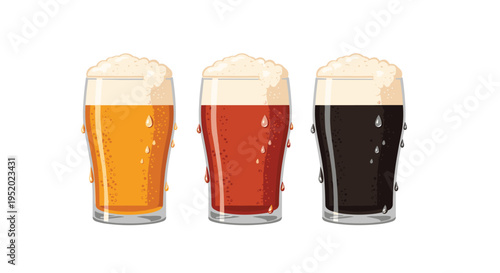 Three distinct glasses of beer, including a lager, an ale, and a stout, are presented with foam and condensation on a white background.