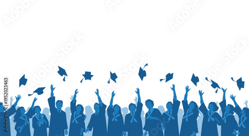 A large group of graduates, depicted as blue silhouettes, are throwing their caps into the air in celebration against a white background.