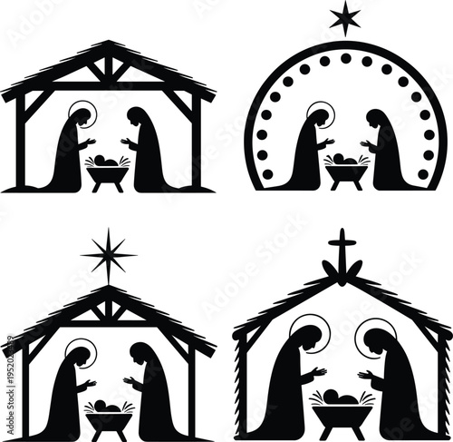 Nativity scene silhouette set with baby Jesus, Mary and Joseph in manger stable, Christmas religious vector illustration collection