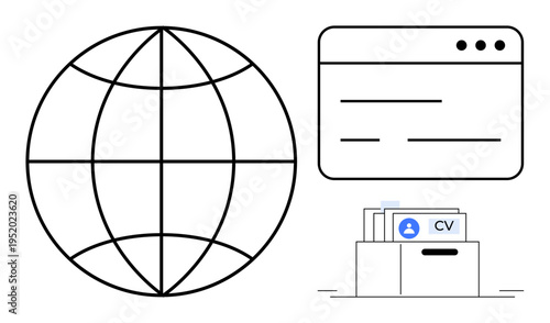 Digital resume management. A globe global connectivity paired with web interface and digital CV folder. Digital resume management for online job platforms, HR systems, career websites, global reach