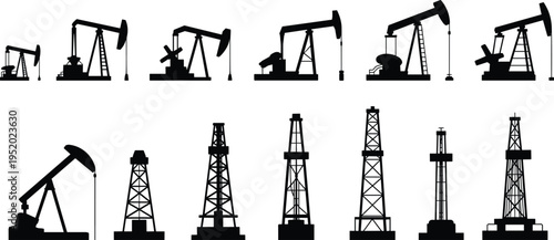 Oil pump jack and drilling rig silhouettes set for petroleum industry extraction equipment, energy production symbols isolated, vector illustration