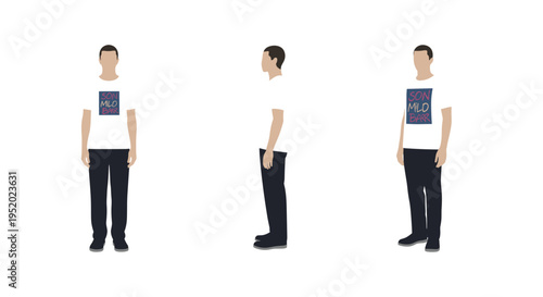 A man is shown in three full-body views, wearing a white t-shirt with a blue logo and dark pants, standing against a clean white background.
