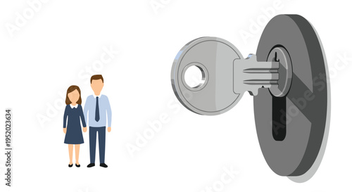 A couple holding hands stands on the left, while a large silver key is inserted into a dark keyhole on the right, all against a white background.