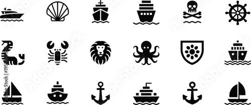 Nautical and marine icons set with ships anchors sea animals and pirate symbols, cad drawing flat vector illustration
