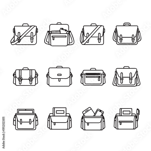 Collection of Briefcase and Messenger Bag Icons with Various Compartments and Contents Vector Line Art
