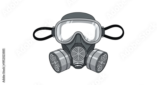 A detailed grey gas mask with prominent goggles and two circular filter cartridges is centered on a white background.