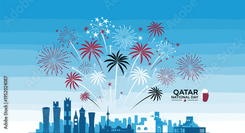 Fireworks explode above a dark blue cityscape silhouette with QATAR NATIONAL DAY text under a striped blue sky.