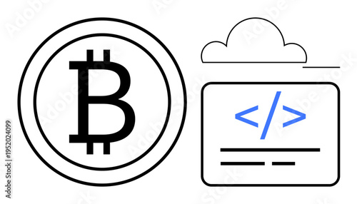 Cryptocurrency, blockchain, coding, fintech, digital finance, decentralized systems. Bitcoin symbol next to a cloud coding interface. Blockchain and cryptocurrency concept