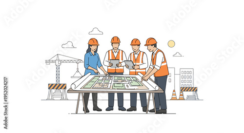 Four construction workers in hard hats and vests examine a blueprint on a table with a crane and buildings in the background.