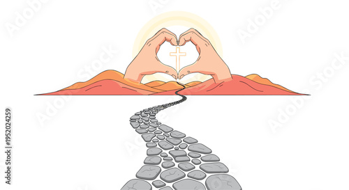 Two hands form a heart shape around a cross with a sun behind them, and a stone path leads forward on a white background.