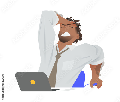 Fail Man and Business Character in Digital Executive with Frustrated Leadership Over Laptop and Worry. Sad Difficulty for Hurt Afro American Person with Paperwork, Bill, Sales, and Black