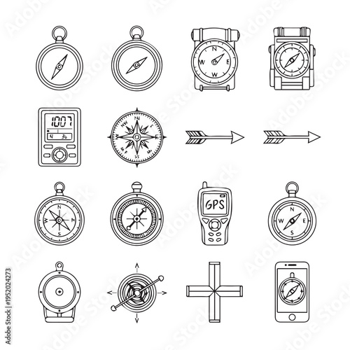 Collection of Compass and Navigation Icons Arrows GPS Device Smartphone with Compass and Directional Symbols