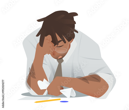 Fail Man Business Character in Digital Executive with Frustrated Leadership and Worry. Sad Difficulty for Hurt Afro American Person with Paperwork, Bill, Sales, and Black Cellphone Illustration