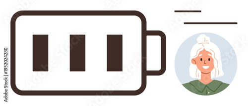 Energy levels, productivity, balance, user profile, personal identity, digital interface. Large battery icon beside female avatar in a circle. Energy levels and productivity