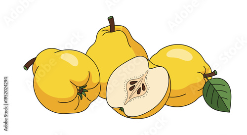 Four bright yellow quinces are displayed, with one cut in half to show its seeds and a green leaf attached to another.