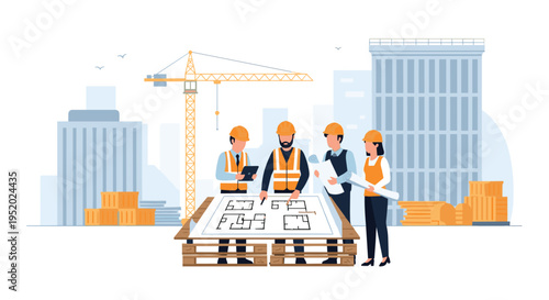 Four construction workers are reviewing blueprints on a wooden pallet table at a building site.