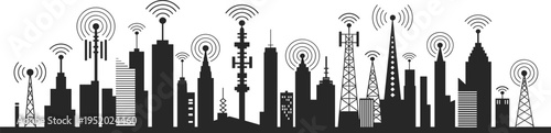 Smart city skyline with wireless communication towers and signal icons urban technology network concept, cad drawing flat vector illustration