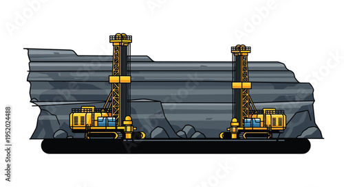 Two yellow drilling machines are excavating a dark grey rock face in an industrial setting.