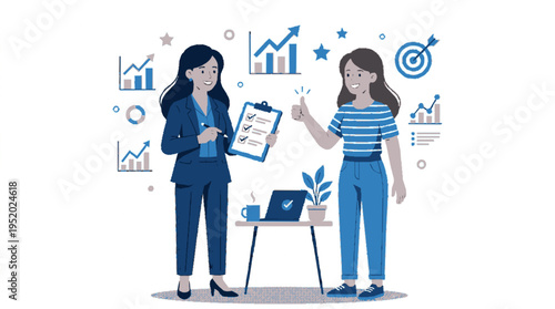 Two businesswomen discuss client success with graphs and laptop on a white background