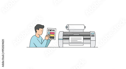 A man holds a CMYK color test sheet next to a large format printer actively producing a document on a white background.