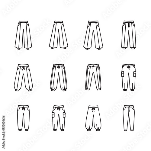 Collection of diverse pants styles and silhouettes vector line art fashion illustration