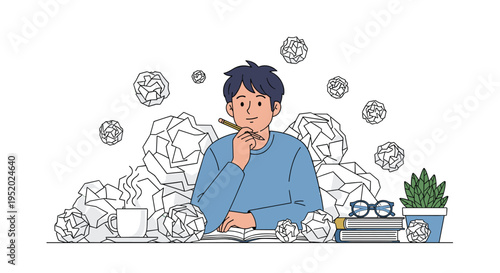 A young man with blue hair sits at a desk, holding a pencil thoughtfully, surrounded by crumpled paper, books, glasses, and a plant.