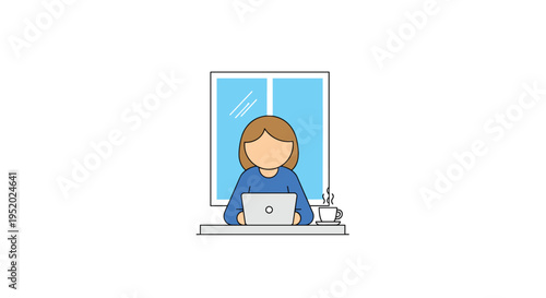 A faceless person with brown hair and a blue shirt types on a silver laptop at a desk with a coffee cup, positioned in front of a blue window.