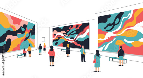 Various faceless people are observing large abstract paintings displayed on white walls within a spacious modern art gallery.