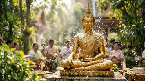 Golden Buddha statue bathed in water by people celebrating a religious festival