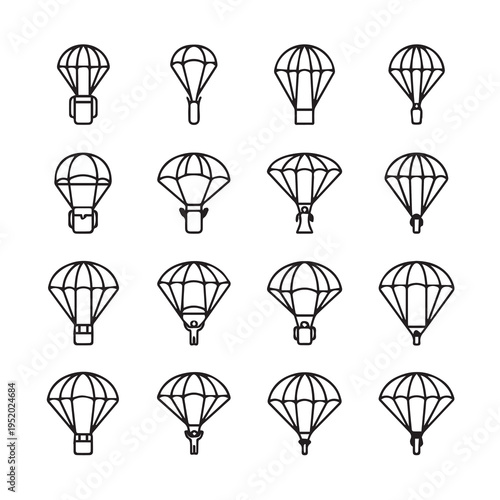 Collection of diverse parachute icons simple line art isolated on white background