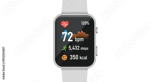 A light gray smartwatch with a white strap displays fitness metrics on a digital screen against a plain white background.